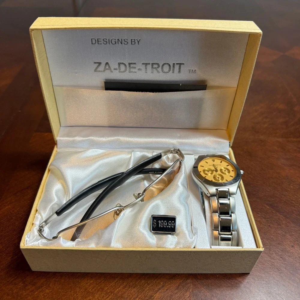 Za-De-Troit‎ Watch and Sunglasses Gift Set Stainless Steel Gold Dial UV400 NEW